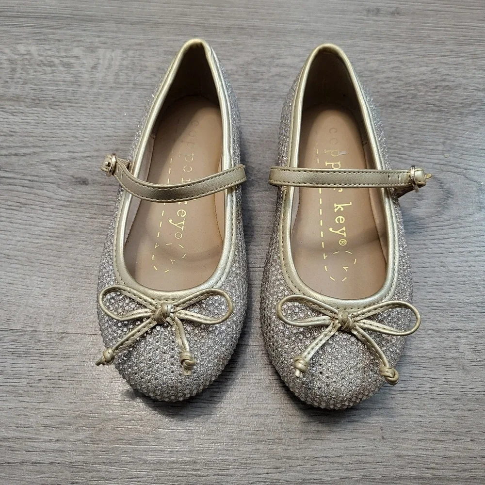 Copper Key MIA Girls Gold Rhinestone Mary‎ Jane Bow Dress Shoes Sparkly Flats 10